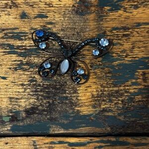 Butterfly Crystal Brooch - Copper Colored Metal with Blue Stones